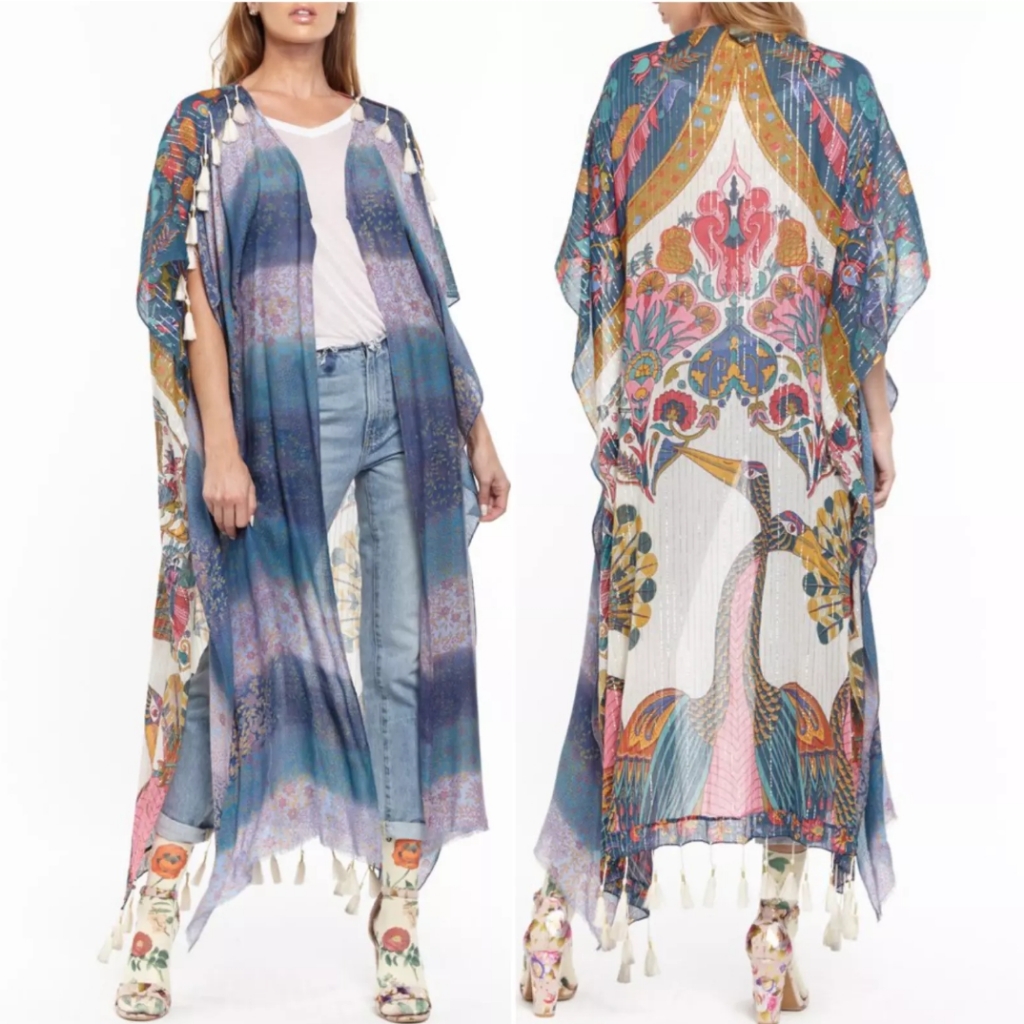 Aratta Silent Journey Fields Of Happiness Maxi Kimono Florals Birds Tassels Os